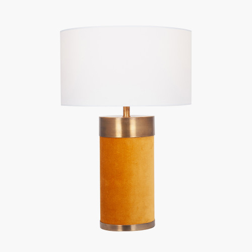 Pacific Lifestyle Dempsey Mustard Velvet And Antique Gold Metal Table Lamp Base With Harry 30cm Ivory Cotton Mix Cylinder Lampshade