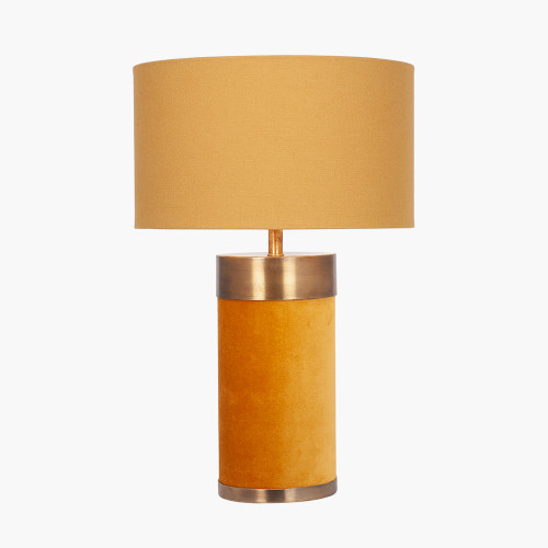 Pacific Lifestyle Dempsey Mustard Velvet And Antique Gold Metal Table Lamp Base With Henry 30cm Mustard Handloom Cylinder Lampshade