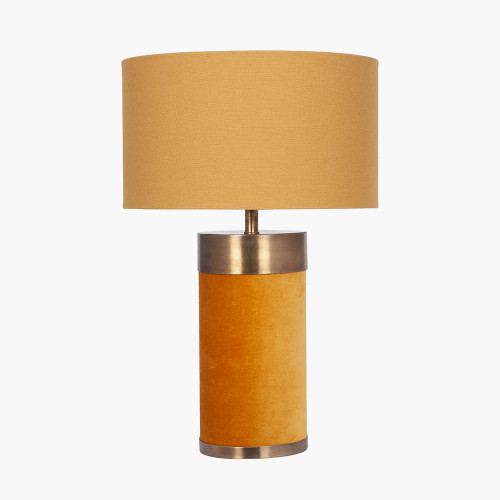 pacific lifestyle Dempsey Mustard Velvet and Antique Gold Metal Table Lamp Base with Henry 30cm Mustard Handloom Cylinder Lampshade