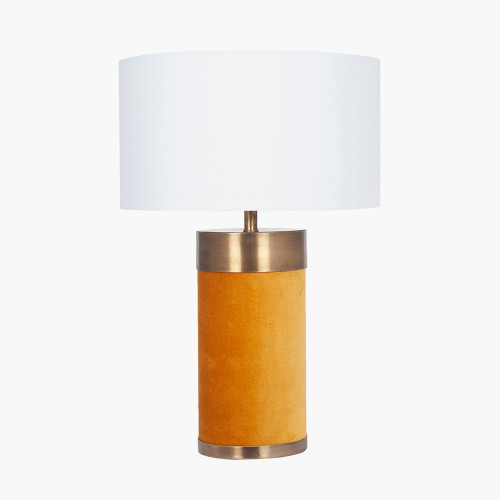 pacific lifestyle Dempsey Mustard Velvet and Antique Gold Metal Table Lamp Base with Harry 30cm Ivory Cotton Mix Cylinder Lampshade