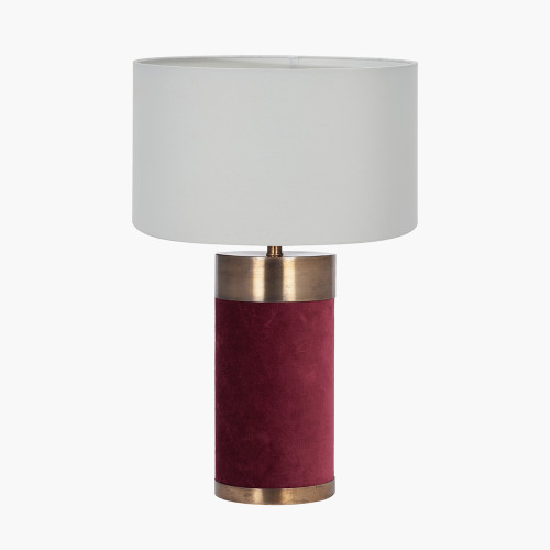 pacific lifestyle Dempsey Red Velvet and Antique Gold Metal Table Lamp Base with Harry 30cm Ivory Cotton Mix Cylinder Lampshade
