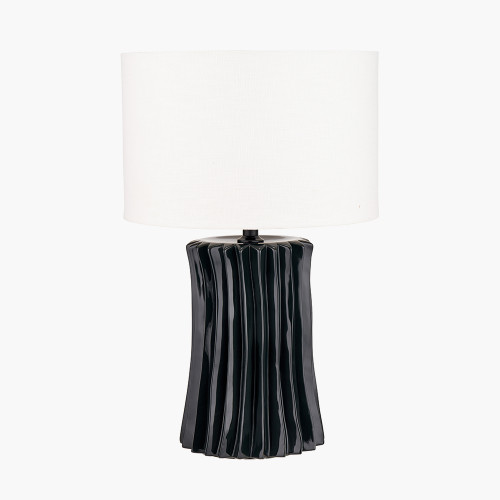 pacific lifestyle Devony Black Pleated Ceramic Table Lamp Base with Lino 35cm White Self Lined Linen Cylinder Lampshade