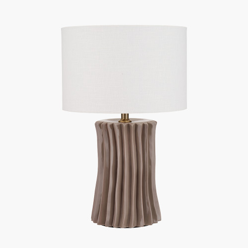 pacific lifestyle Devony Taupe Pleated Ceramic Table Lamp Base with Lino 35cm White Self Lined Linen Cylinder Lampshade