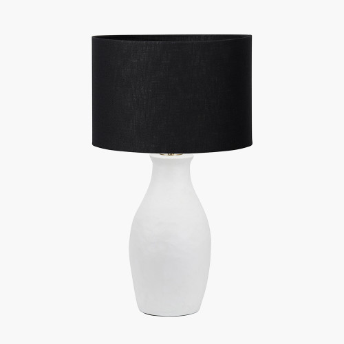 pacific lifestyle Eirene White Textured Stoneware Table Lamp Base with Lino 40cm Black Self Lined Linen Cylinder Lampshade