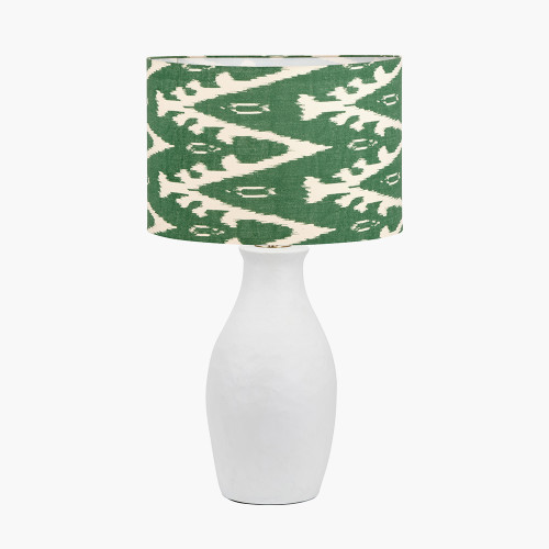 pacific lifestyle Eirene White Textured Stoneware Table Lamp Base with Lars 40cm Racing Green Ikat Patterned Cylinder Lampshade
