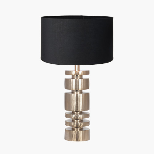 pacific lifestyle Elon Champagne Gold Metal Stacked Cylinder Table Lamp Base with Harry 35cm Black Cotton Mix Cylinder Lampshade