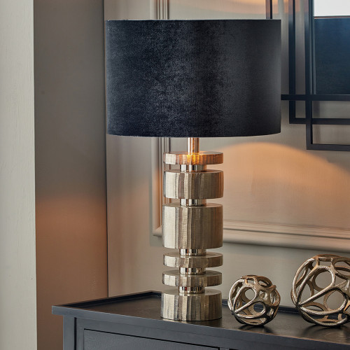 Pacific Lifestyle Elon Silver Metal Stacked Cylinder Table Lamp Base With Bow 35cm Black Velvet Cylinder Lampshade