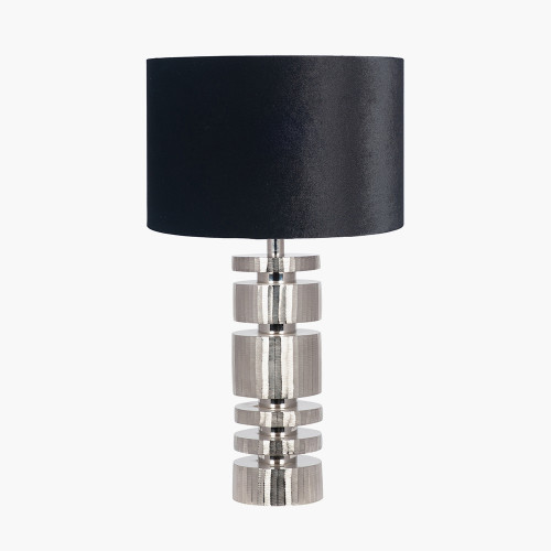 pacific lifestyle Elon Silver Metal Stacked Cylinder Table Lamp Base with Bow 35cm Black Velvet Cylinder Lampshade