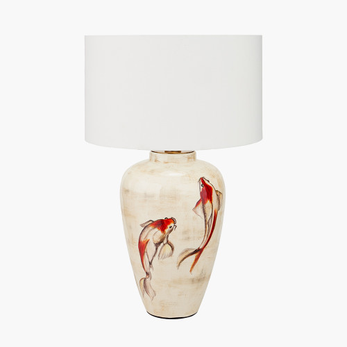 pacific lifestyle Emerayn Koi Natural Ceramic Table Lamp Base with Henry 40cm White Handloom Cylinder Lampshade