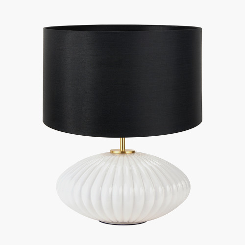 pacific lifestyle Emilia White Ribbed Glass and Gold Metal Oval Table Lamp Base with Zara 35cm Black Silk Lined Cylinder Lampshade