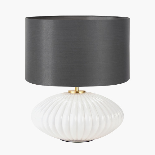 pacific lifestyle Emilia White Ribbed Glass and Gold Metal Oval Table Lamp Base with Zara 35cm Steel Grey Silk Lined Cylinder Lampshade