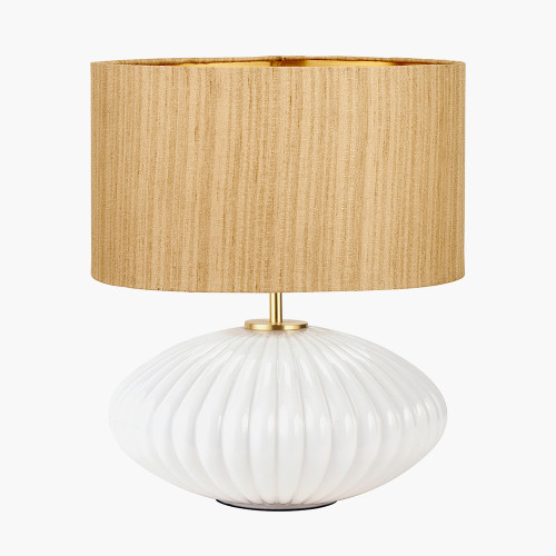 pacific lifestyle Emilia White Ribbed Glass and Gold Metal Oval Table Lamp Base with Stellan 35cm Gold Slubbed Silk Mix Gold Lined Cylinder Lampshade