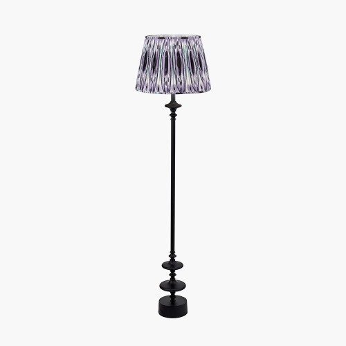 pacific lifestyle Emilio Matt Black Candlestick Floor Lamp Base with Izara 45cm Lilac Ikat Patterned Mushroom Pleat Tapered Lampshade
