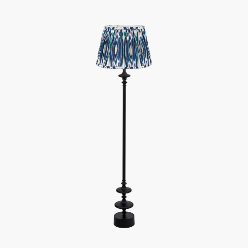 pacific lifestyle Emilio Matt Black Candlestick Floor Lamp Base with Izara 45cm Ocean Blue Ikat Patterned Mushroom Pleat Tapered Lampshade