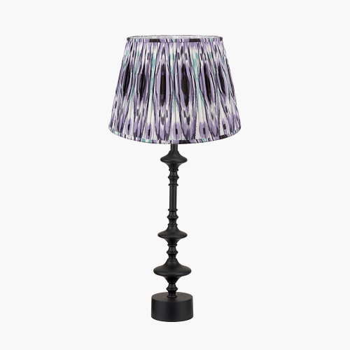 pacific lifestyle Emilio Matt Black Candlestick Table Lamp Base with Izara 35cm Lilac Ikat Patterned Mushroom Pleat Tapered Lampshade