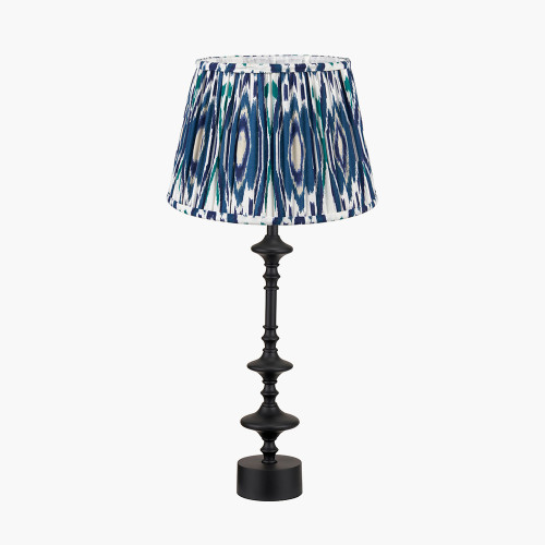pacific lifestyle Emilio Matt Black Candlestick Table Lamp Base with Izara 35cm Ocean Blue Ikat Patterned Mushroom Pleat Tapered Lampshade