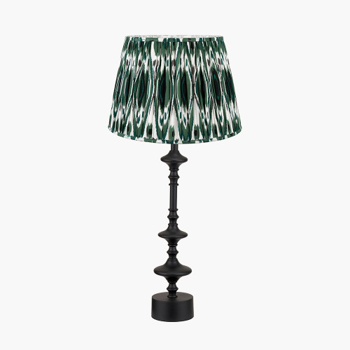 pacific lifestyle Emilio Matt Black Candlestick Table Lamp Base with Izara 35cm Racing Green Ikat Patterned Mushroom Pleat Tapered Lampshade