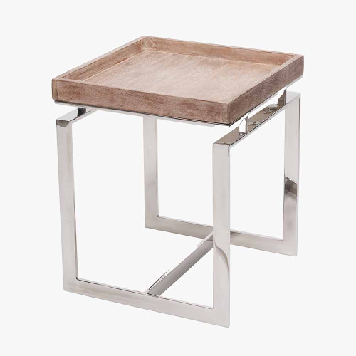 Pacific Lifestyle Evelyn Natural Antique Finish Mango Wood And Silver Metal Side Table