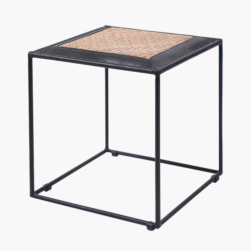Pacific Lifestyle Ezio Black Leather Natural Rattan And Black Metal Stool