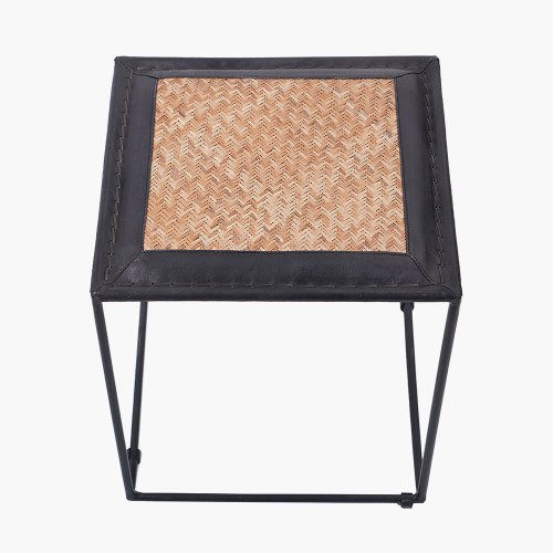 Pacific Lifestyle Ezio Black Leather Natural Rattan And Black Metal Stool