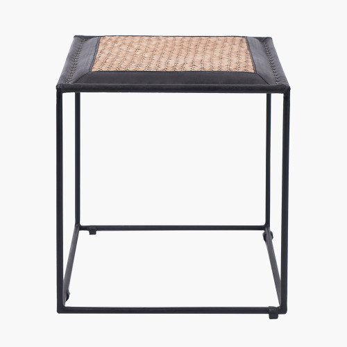 pacific lifestyle Ezio Black Leather Natural Rattan and Black Metal Stool