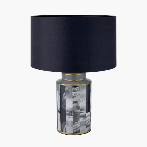 pacific lifestyle Fenella Black and White Photographic Design Table Lamp Base with Zara 40cm Black Silk Cylinder Lampshade