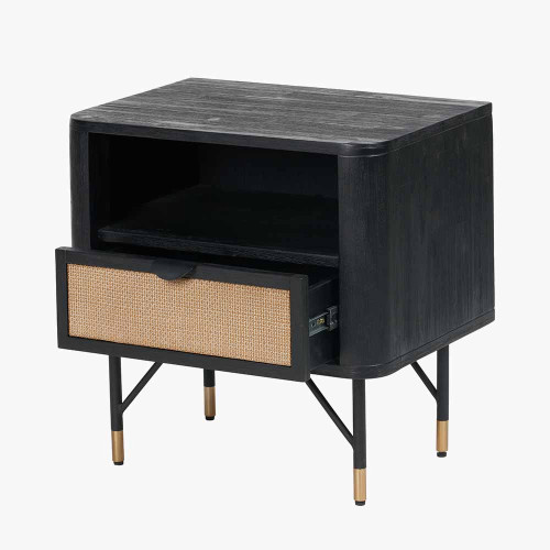 Pacific Lifestyle Fiji Black Acacia Wood And Natural Rattan 1 Drawer 1 Shelf Unit