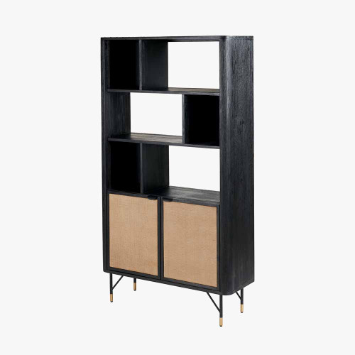 Pacific Lifestyle Fiji Black Acacia Wood And Natural Rattan 2 Door 6 Niche Shelf Unit