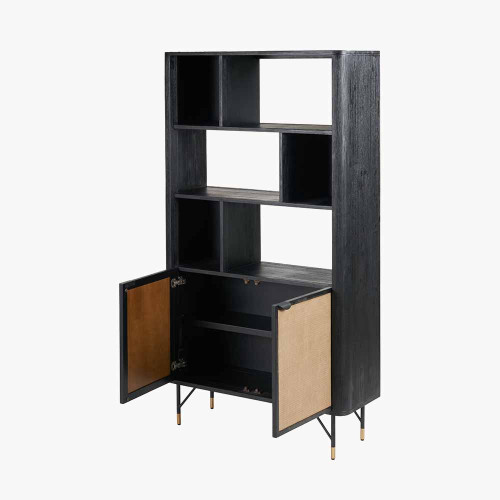 Pacific Lifestyle Fiji Black Acacia Wood And Natural Rattan 2 Door 6 Niche Shelf Unit
