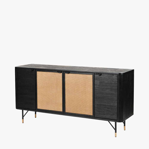 Pacific Lifestyle Fiji Black Acacia Wood And Natural Rattan 4 Door Sideboard