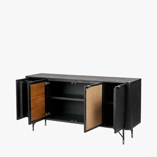 Pacific Lifestyle Fiji Black Acacia Wood And Natural Rattan 4 Door Sideboard