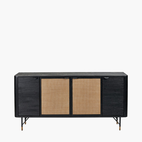 pacific lifestyle Fiji Black Acacia Wood and Natural Rattan 4 Door Sideboard