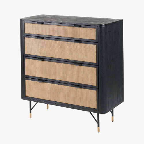 Pacific Lifestyle Fiji Black Acacia Wood And Natural Rattan 4 Drawer Unit