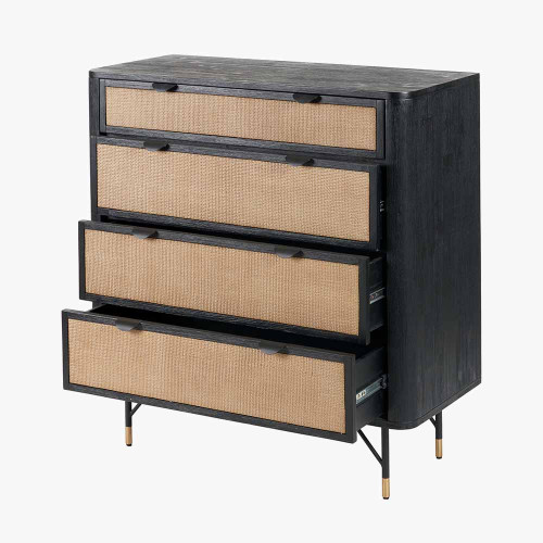 Pacific Lifestyle Fiji Black Acacia Wood And Natural Rattan 4 Drawer Unit