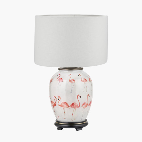 pacific lifestyle Flamingo Medium Glass Table Lamp Base with Lino 35cm White Self Lined Linen Cylinder Lampshade