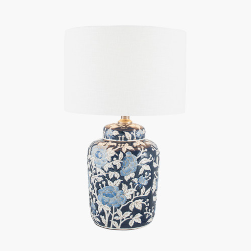 Pacific Lifestyle Fleur Blue Floral Ceramic Table Lamp With Lino 25cm White Self Lined Linen Cylinder Lampshade