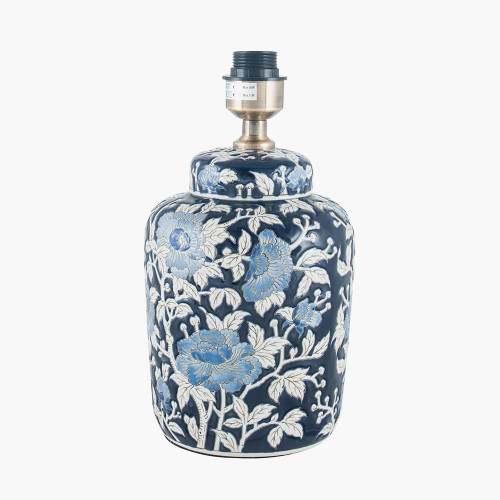 Pacific Lifestyle Fleur Blue Floral Ceramic Table Lamp With Lino 25cm White Self Lined Linen Cylinder Lampshade