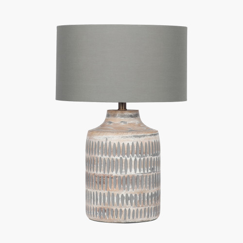 pacific lifestyle Galle Grey Wash Wood Textured Table Lamp Base with Harry 30cm Steel Grey Cotton Mix Cylinder Lampshade