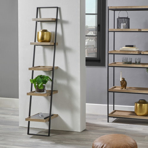 Pacific Lifestyle Gallery Natural Wood Veneer And Black Metal 5 Shelf Ladder Unit