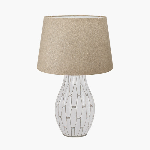 pacific lifestyle Gaudi White Stoneware Geometric Table Lamp Base with Milos 35cm Natural Linen Tapered Lampshade