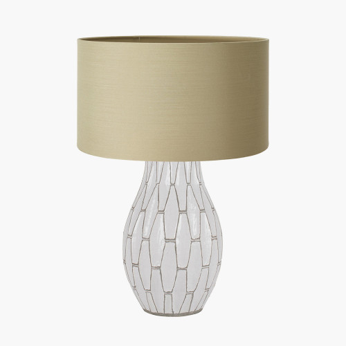 pacific lifestyle Gaudi White Stoneware Geometric Table Lamp Base with Harry 35cm Taupe Cotton Mix Cylinder Lampshade