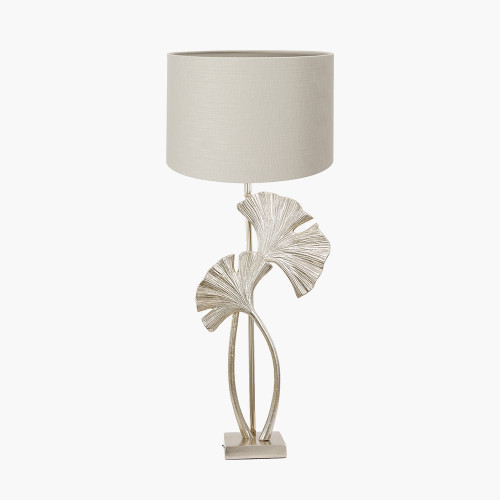 pacific lifestyle Gingko Shiny Champagne Metal Tall Gingko Leaf Table Lamp Base with Lino 35cm Grey Self Lined Linen Cylinder Lampshade