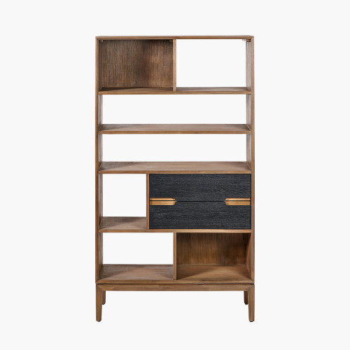 pacific lifestyle Gio Black and Natural Acacia Wood 2 Drawer 7 Niche Shelf Unit
