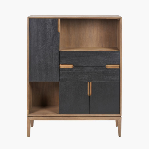 pacific lifestyle Gio Black and Natural Acacia Wood 3 Door 2 Drawer 2 Niche Shelf Unit