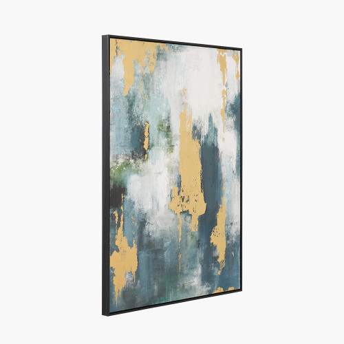 Pacific Lifestyle Gold And Blue Tone Abstract Canvas With Black Frame