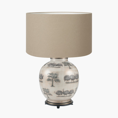 pacific lifestyle Guinea Fowl Large Glass Table Lamp Base with Henry 40cm Taupe Handloom Cylinder Lampshade