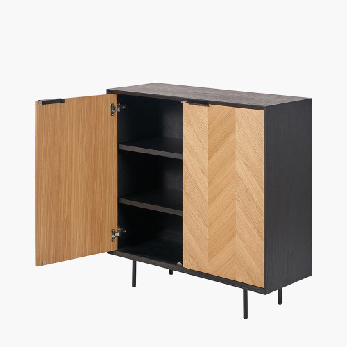 Pacific Lifestyle Hailee Black And Natural Chevron Oak And Pine Wood 2 Door Bar Cabinet