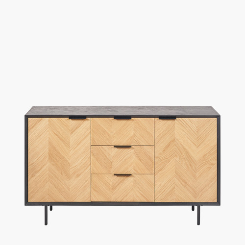 pacific lifestyle Hailee Black and Natural Chevron Oak and Pine Wood 2 Door 3 Drawer Sideboard