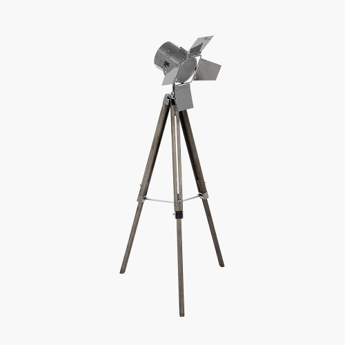 pacific lifestyle Hereford Grey Wood and Silver Metal Film Tripod Floor Lamp