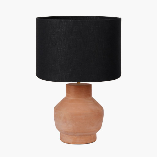 pacific lifestyle Inna Natural Urn Terracotta Table Lamp Base with Lino 35cm Black Self Lined Linen Cylinder Lampshade
